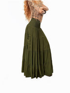 Arielink Green Pleated Boho Vintage Pockets Side Slit A Line Women's Maxi Skirts