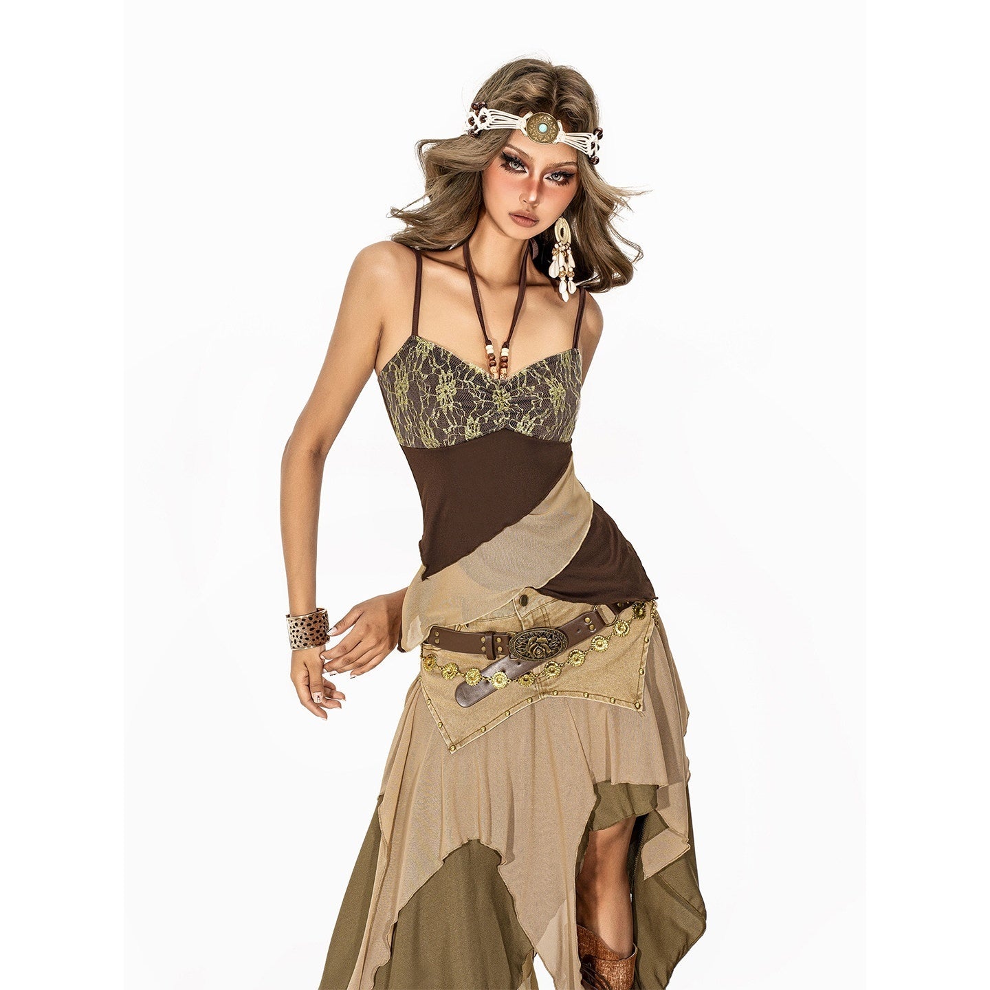 Arielink Grunge Asymmetric Distressed Mesh Patchwork Women's Other Fabric Camisoles 944678567937