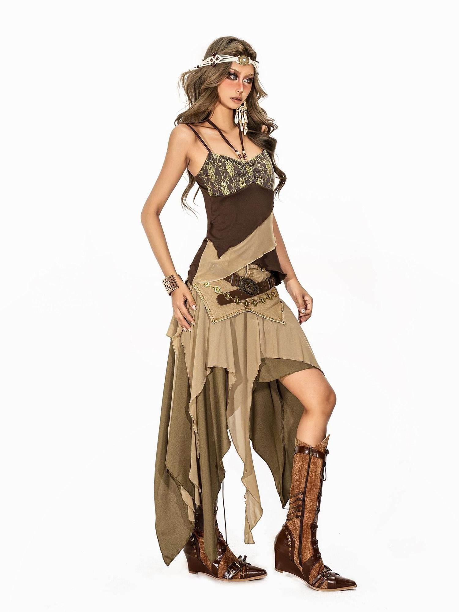 Arielink Grunge Asymmetric Distressed Mesh Patchwork Women's Other Fabric Camisoles