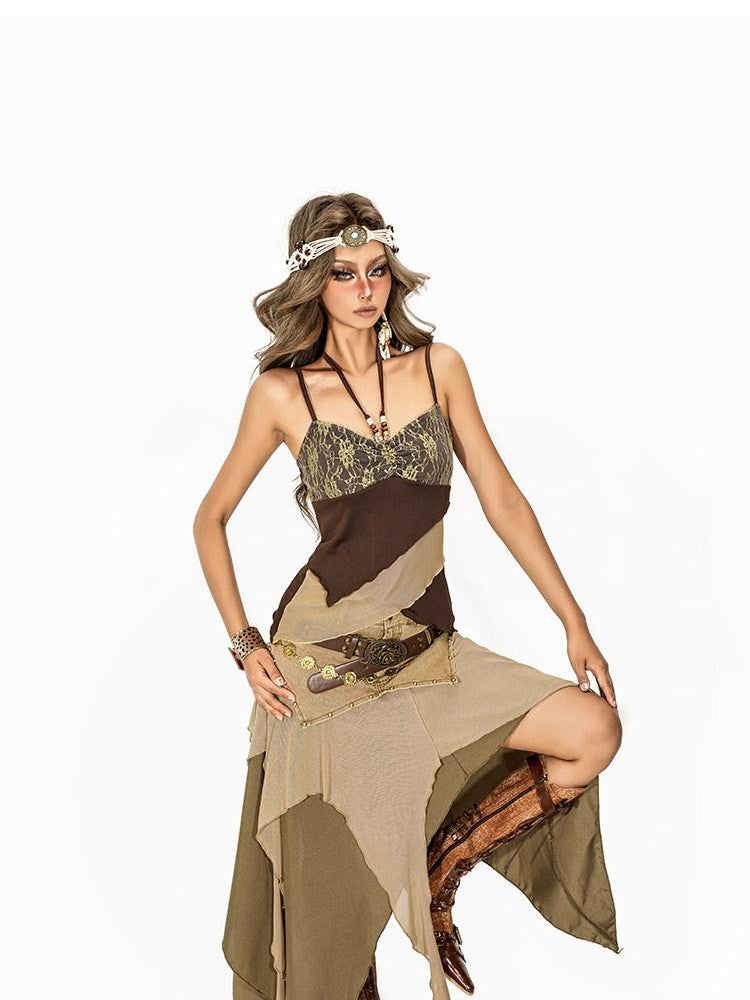 Arielink Grunge Asymmetric Distressed Mesh Patchwork Women's Other Fabric Camisoles