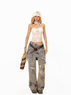 Arielink Grunge Distressed Ripped Faux Layer Women's Denim Straight Jeans