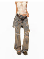 Arielink Grunge Distressed Ripped Faux Layer Women's Denim Straight Jeans