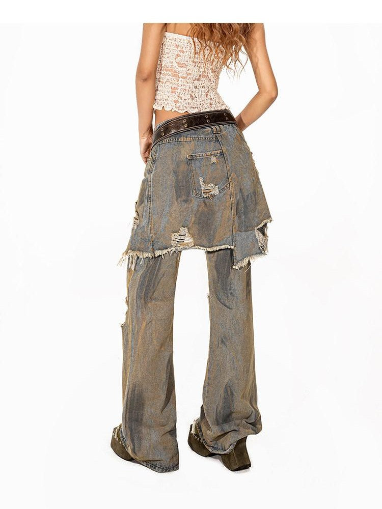 Arielink Grunge Distressed Ripped Faux Layer Women's Denim Straight Jeans