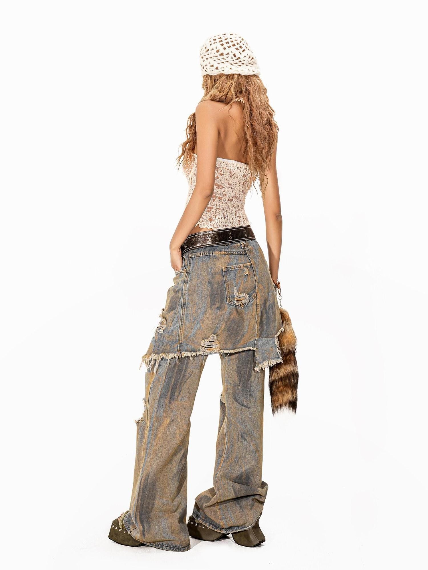 Arielink Grunge Distressed Ripped Faux Layer Women's Denim Straight Jeans
