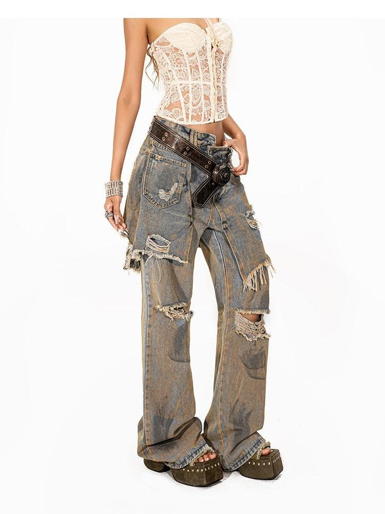 Arielink Grunge Distressed Ripped Faux Layer Women's Denim Straight Jeans