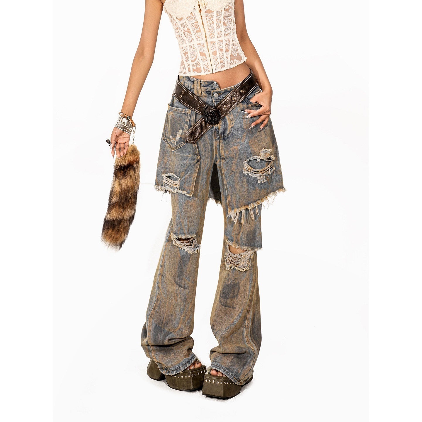 Arielink Grunge Ripped Vintage Wash Faux Two Piece Women's Denim Straight Jeans 926624123913