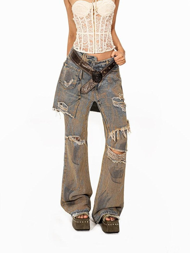 Arielink Grunge Ripped Vintage Wash Faux Two Piece Women's Denim Straight Jeans