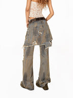 Arielink Grunge Ripped Vintage Wash Faux Two Piece Women's Denim Straight Jeans