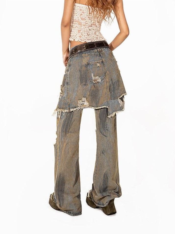 Arielink Grunge Ripped Vintage Wash Faux Two Piece Women's Denim Straight Jeans