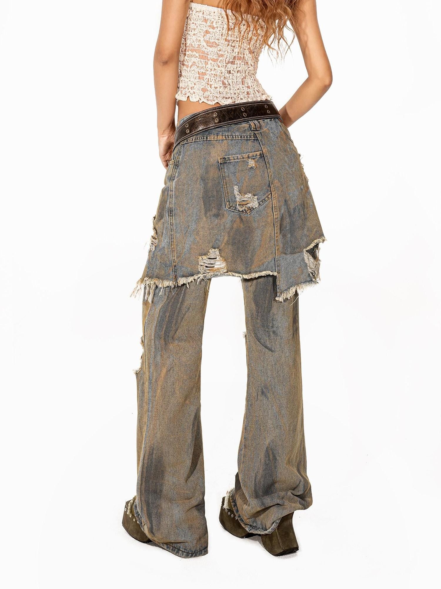 Arielink Grunge Ripped Vintage Wash Faux Two Piece Women's Denim Straight Jeans