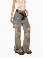 Arielink Grunge Ripped Vintage Wash Faux Two Piece Women's Denim Straight Jeans