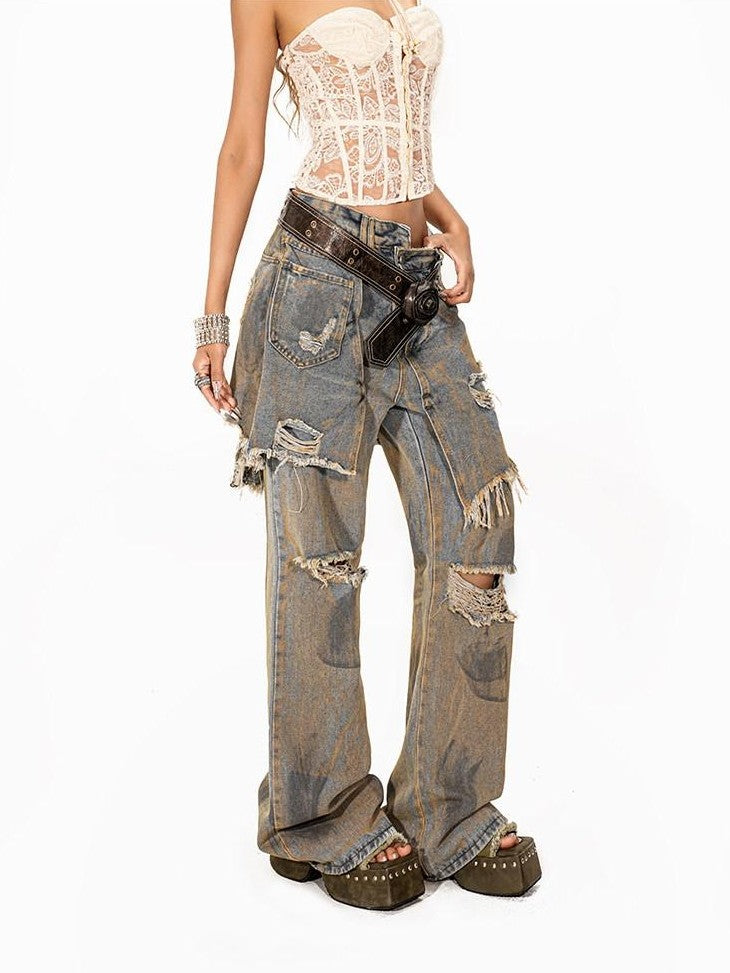 Arielink Grunge Ripped Vintage Wash Faux Two Piece Women's Denim Straight Jeans