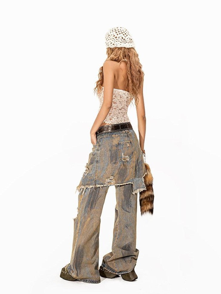 Arielink Grunge Ripped Vintage Wash Faux Two Piece Women's Denim Straight Jeans
