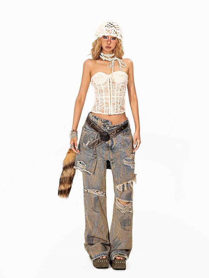 Arielink Grunge Ripped Vintage Wash Faux Two Piece Women's Denim Straight Jeans