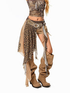 Arielink Hippie Vintage Asymmetrical Mesh Ribbon Leopard Print Women's Tulle Mini Skirts