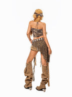 Arielink Hippie Vintage Asymmetrical Mesh Ribbon Leopard Print Women's Tulle Mini Skirts