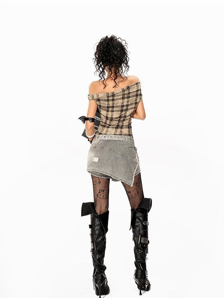 Arielink Khaki Plaid Asymmetric One Shoulder Patchwork Print Women's Short Sleeve T-shirts
