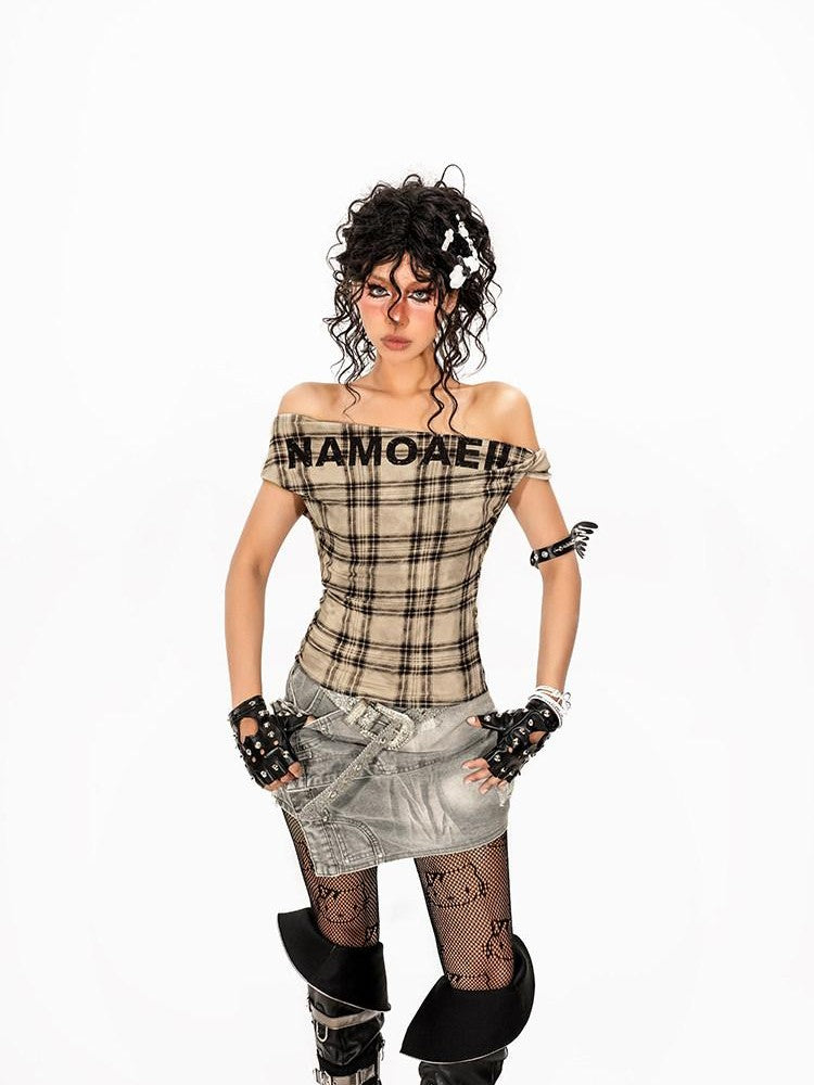Arielink Khaki Plaid Asymmetric One Shoulder Patchwork Print Women's Short Sleeve T-shirts