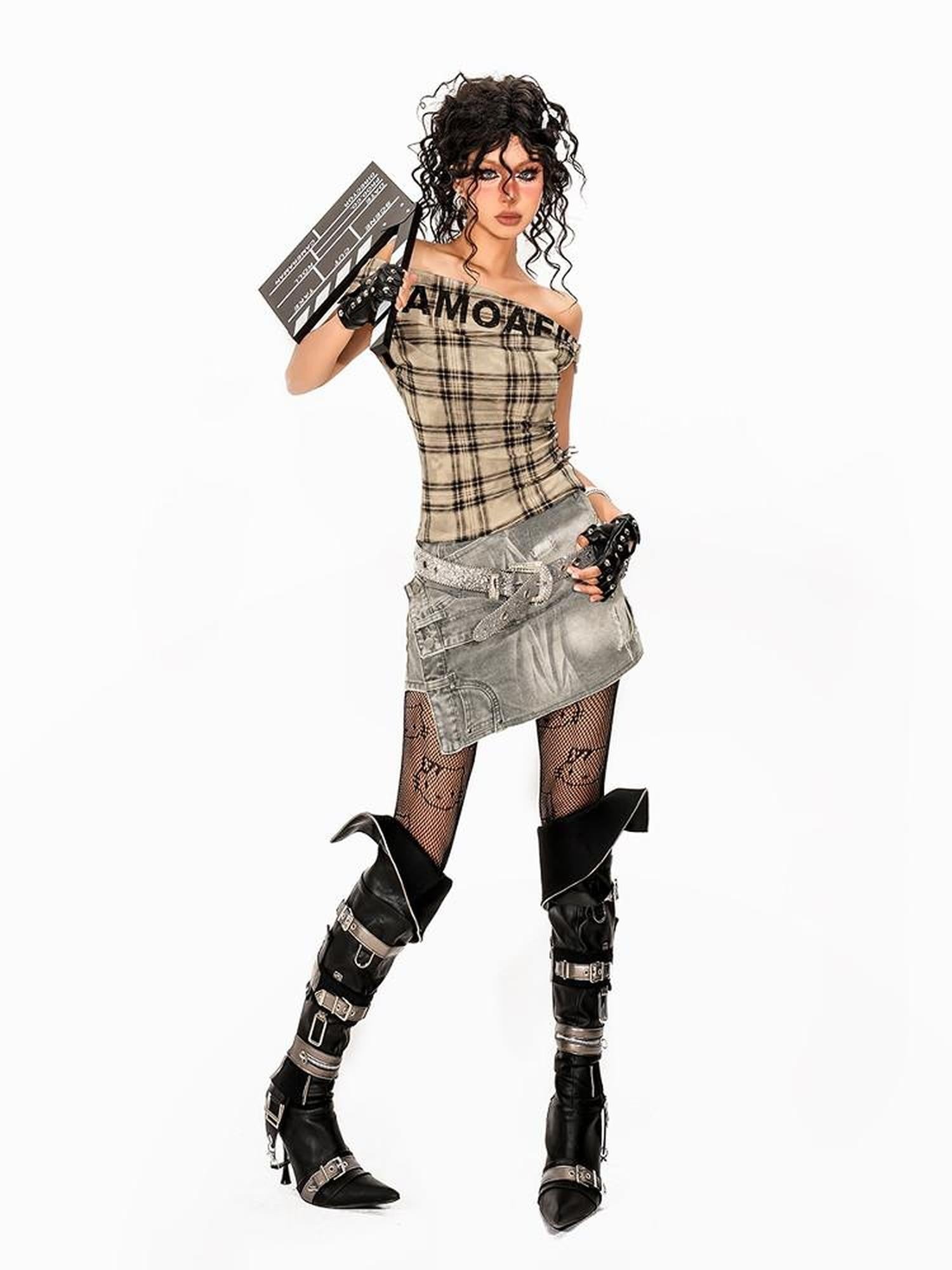 Arielink Khaki Plaid Asymmetric One Shoulder Patchwork Print Women's Short Sleeve T-shirts