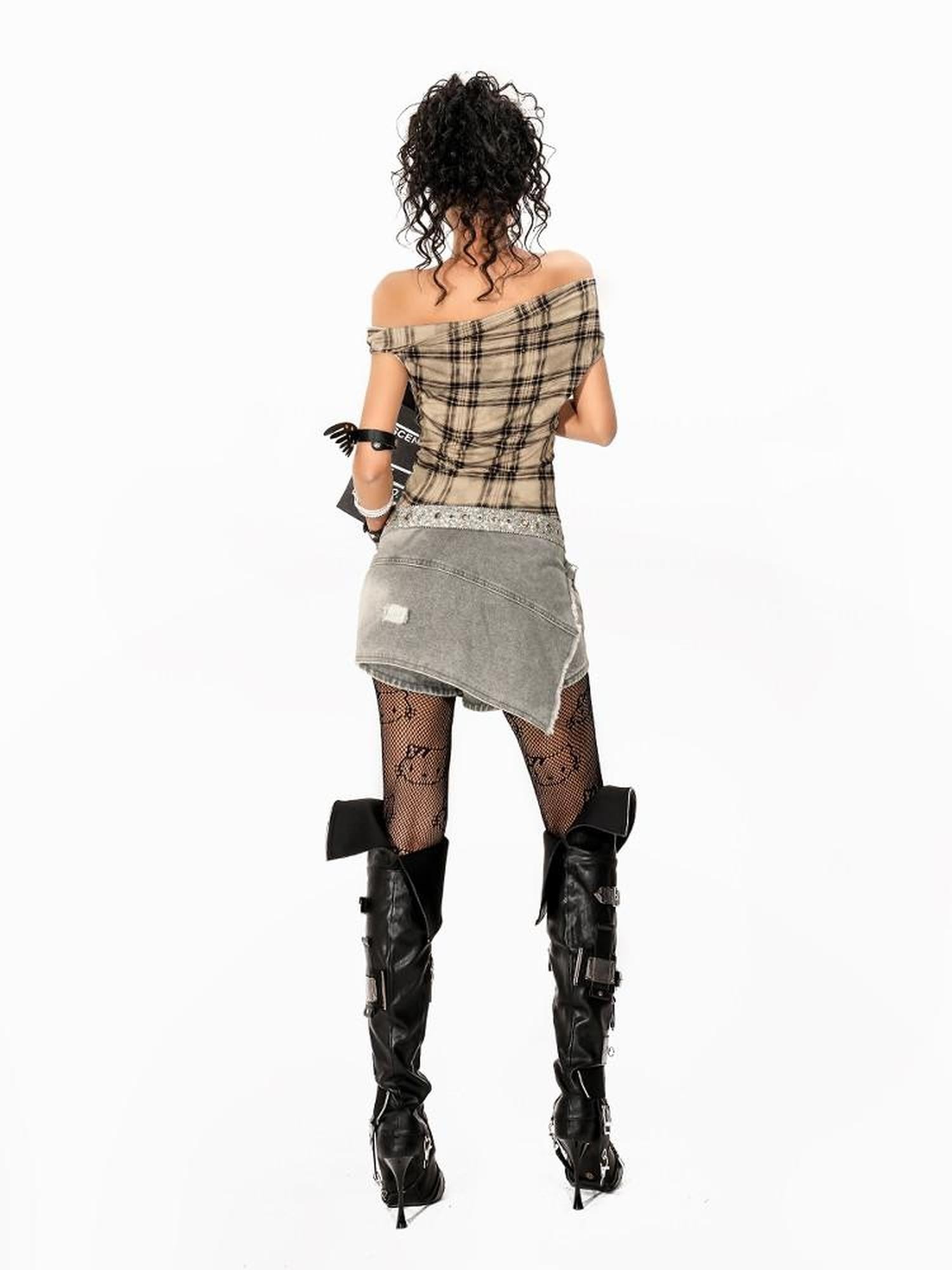 Arielink Khaki Plaid Asymmetric One Shoulder Patchwork Print Women's Short Sleeve T-shirts