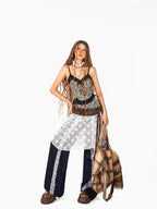 Arielink Lace Ruffle Asymmetrical Aline Women's Jacquard Mesh Midi Skirts