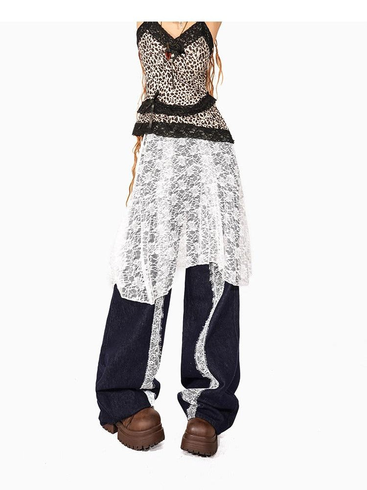 Arielink Lace Ruffle Asymmetrical Aline Women's Jacquard Mesh Midi Skirts