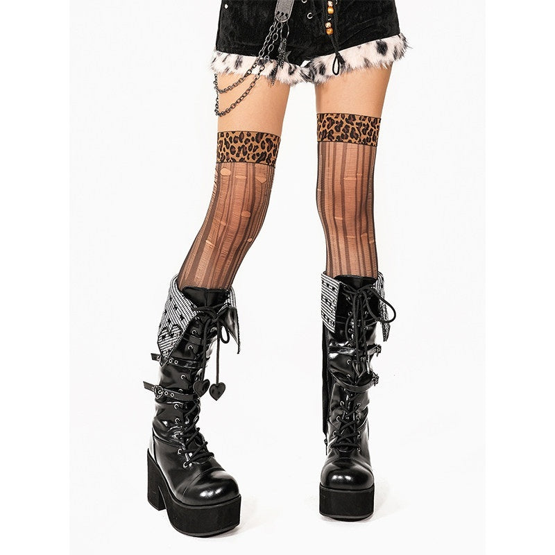 Arielink Leopard Patchwork Fishnet Thigh High Women's Other Material Athletic Socks 783134179118