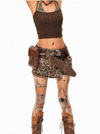 Arielink Leopard Patchwork Halter Cropped Retro Punk Women's Camisoles