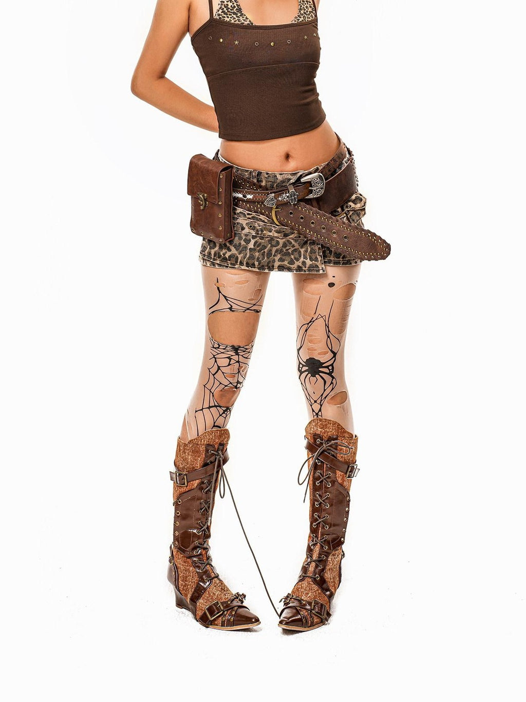 Arielink Leopard Patchwork Halter Cropped Retro Punk Women's Camisoles