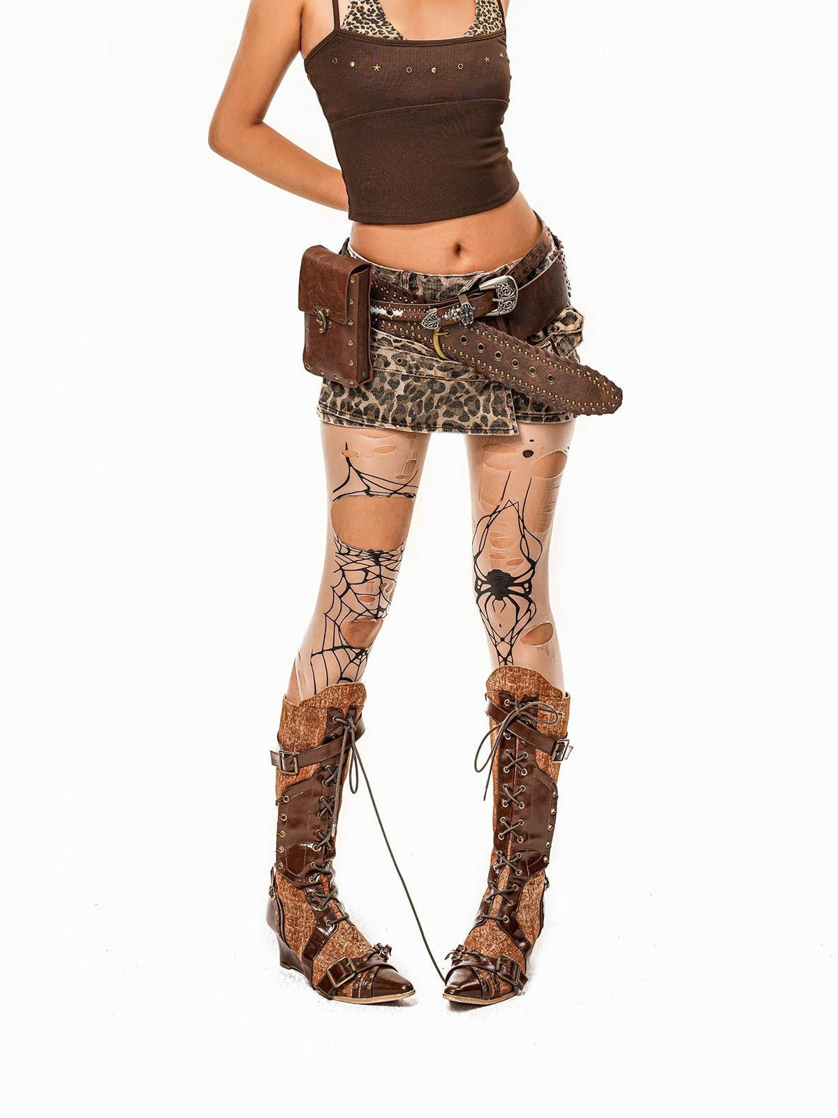 Arielink Leopard Patchwork Halter Cropped Retro Punk Women's Camisoles