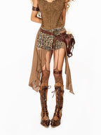 Arielink Leopard Print Irregular Mesh Panel Vintage Distressed Women's Denim Shorts