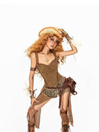 Arielink Leopard Print Irregular Mesh Panel Vintage Distressed Women's Denim Shorts