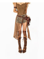 Arielink Leopard Print Irregular Mesh Panel Vintage Distressed Women's Denim Shorts