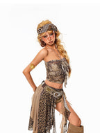 Arielink Leopard Print Irregular Mesh Ribbon Layered Women's Low Waist A Line Mini Skirts
