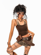 Arielink Leopard Print Spliced Faux Two Piece Halter Cropped Punk Women's Camisoles