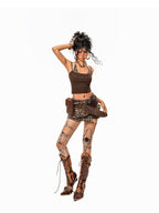 Arielink Leopard Print Spliced Faux Two Piece Halter Cropped Punk Women's Camisoles