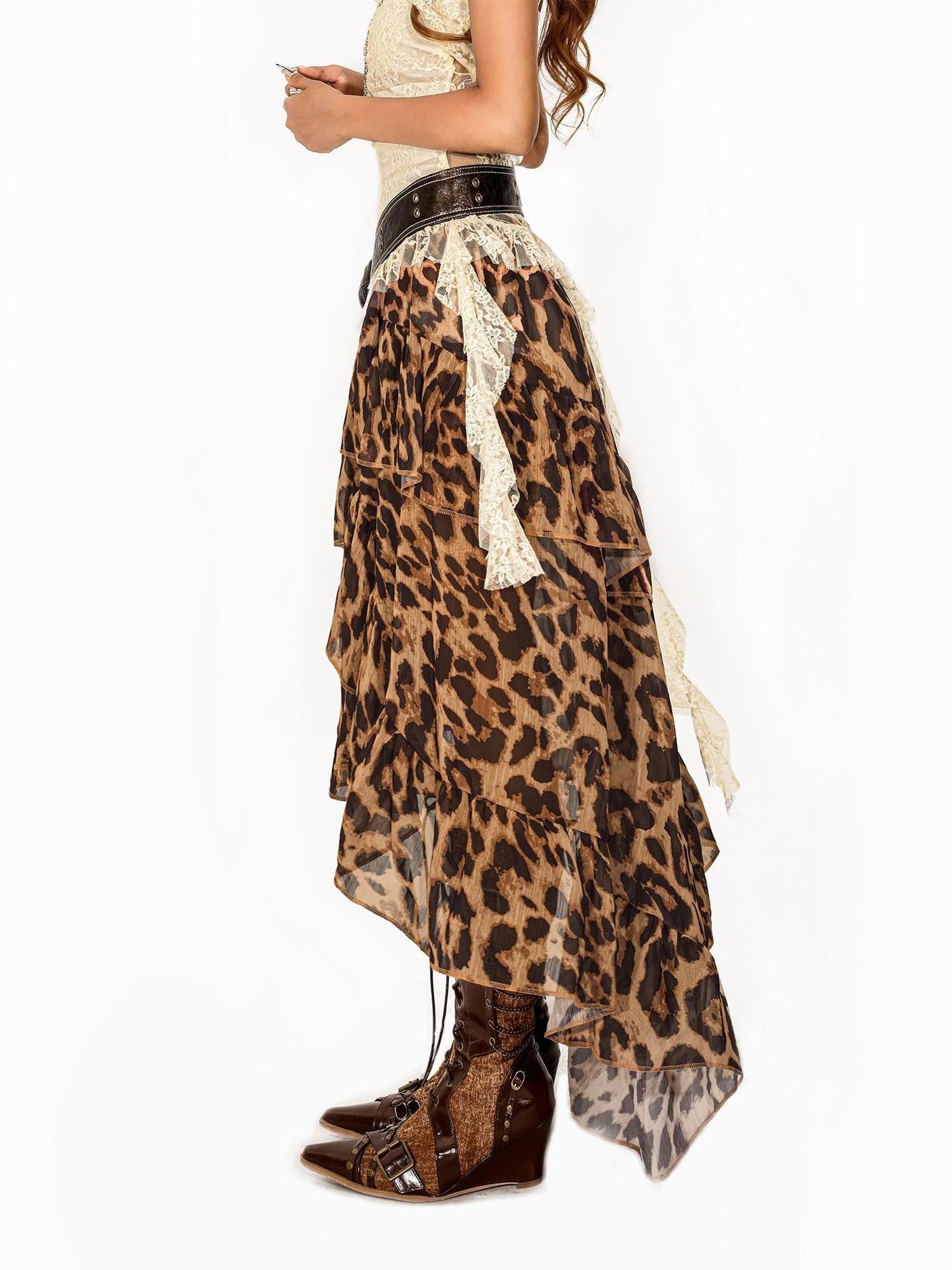 Arielink Leopard Print Tie Dye Asymmetric Tiered A Line Women's Mesh Midi Skirts
