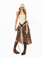 Arielink Leopard Print Tie Dye Asymmetric Tiered A Line Women's Mesh Midi Skirts