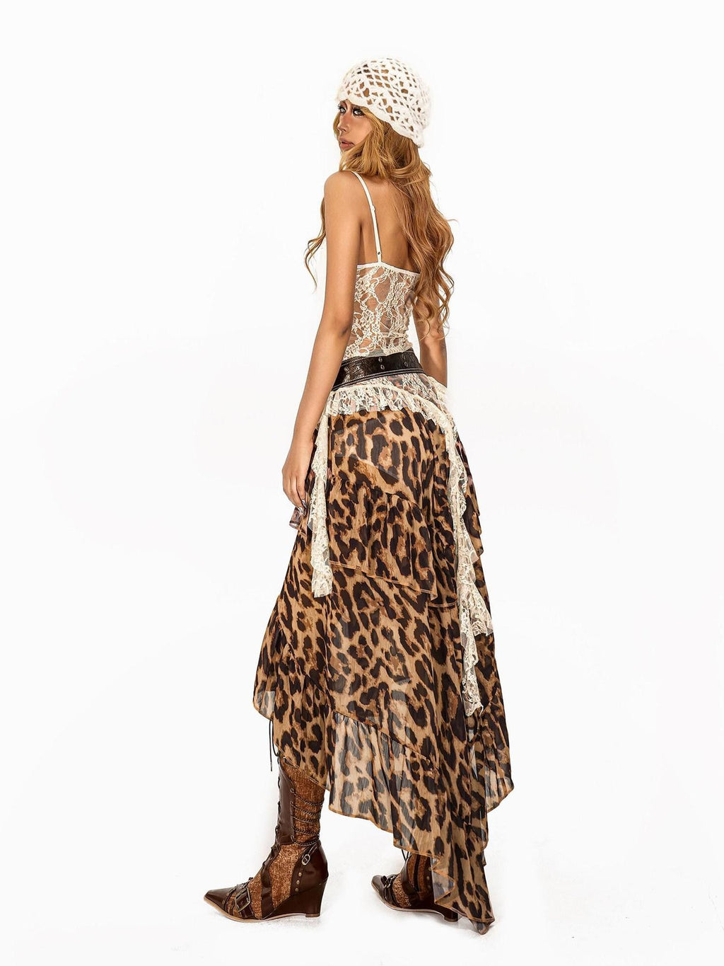 Arielink Leopard Print Tie Dye Asymmetric Tiered A Line Women's Mesh Midi Skirts
