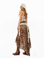 Arielink Leopard Print Tie Dye Asymmetric Tiered A Line Women's Mesh Midi Skirts