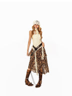Arielink Leopard Print Tie Dye Asymmetric Tiered A Line Women's Mesh Midi Skirts