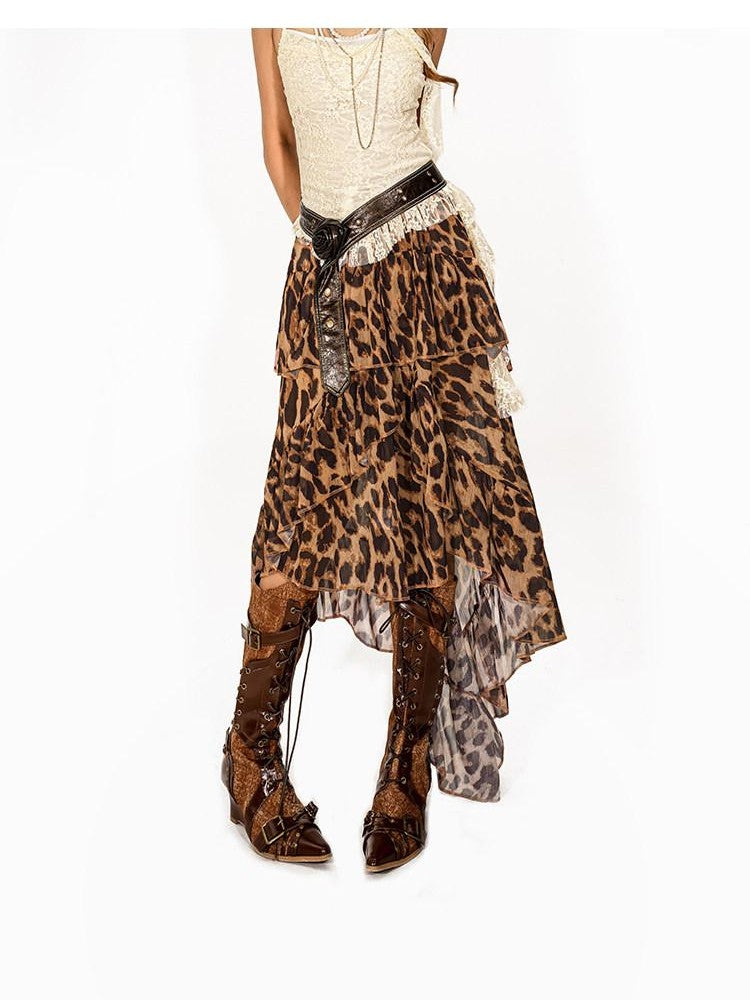 Arielink Leopard Print Tie Dye Asymmetric Tiered A Line Women's Mesh Midi Skirts