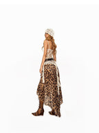 Arielink Leopard Print Tie Dye Asymmetric Tiered A Line Women's Mesh Midi Skirts