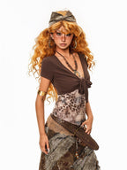 Arielink Leopard Tie V-neck Cropped Knitted Short Sleeve Vintage Women's Knit Cardigans