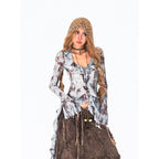 Arielink Light Blue Tie Dye Print Asymmetric Bell Sleeve Women's Mesh Long Sleeve T-shirts 832858447364