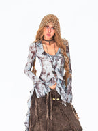 Arielink Light Blue Tie Dye Print Asymmetric Bell Sleeve Women's Mesh Long Sleeve T-shirts