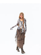 Arielink Light Blue Tie Dye Print Asymmetric Bell Sleeve Women's Mesh Long Sleeve T-shirts