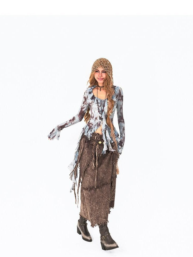 Arielink Light Blue Tie Dye Print Asymmetric Bell Sleeve Women's Mesh Long Sleeve T-shirts