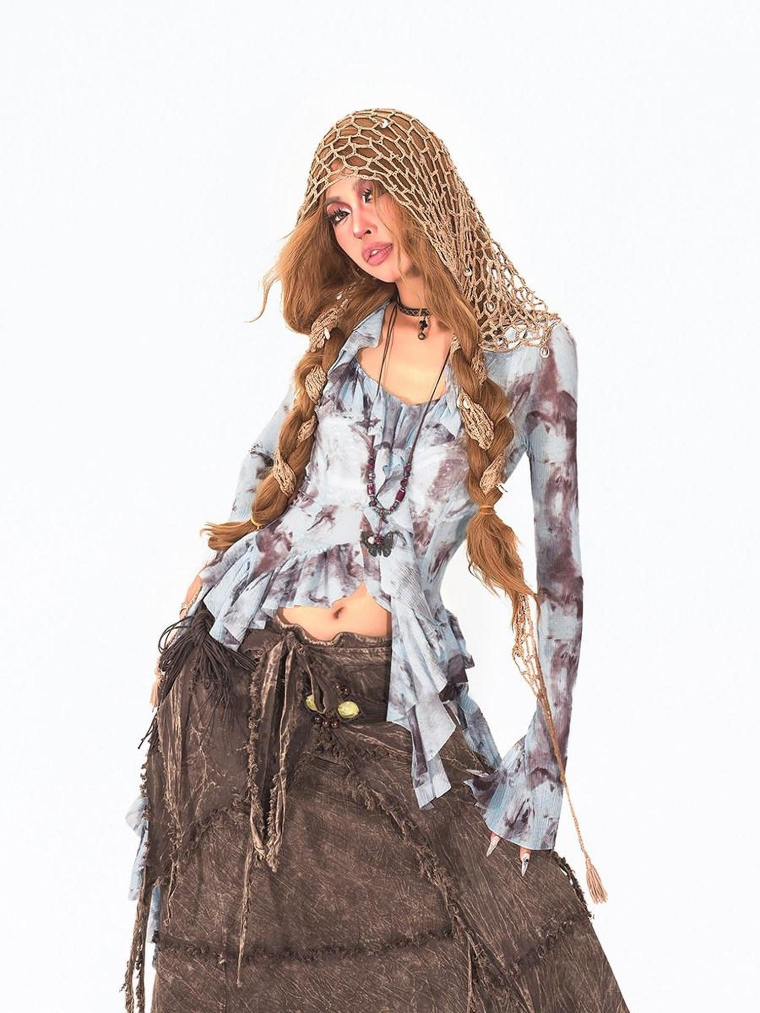 Arielink Light Blue Tie Dye Print Asymmetric Bell Sleeve Women's Mesh Long Sleeve T-shirts