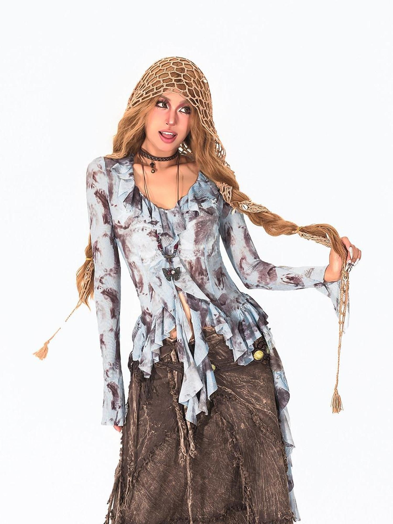 Arielink Light Blue Tie Dye Print Asymmetric Bell Sleeve Women's Mesh Long Sleeve T-shirts